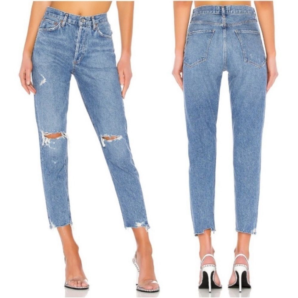 AGOLDE Jamie Blue‎ High-Rise Straight Leg Frayed Hem Jeans Classic Denim Size 26